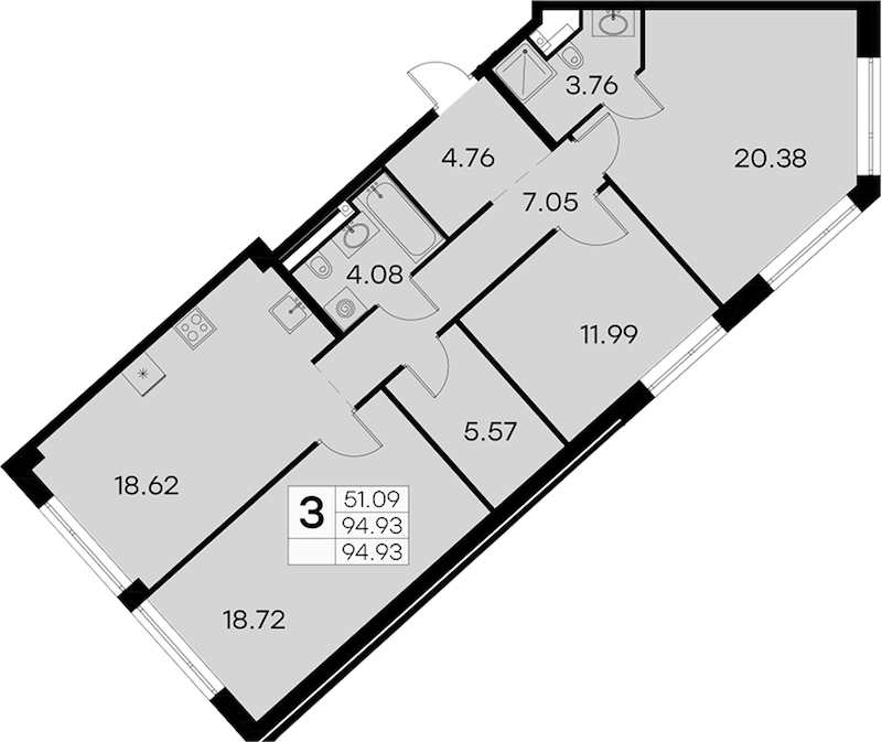 3-комнатная квартира 94.93 м², 3/19 эт., ЖК «GloraX Aura Vasileostrovsky»